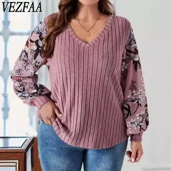VEZFAA Женская мода Повседневная весна-осень Длинные рукава V-образный вырез Пуловеры и длинные рукава XL