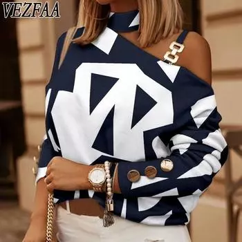 VEZFAA Женская мода Повседневная весна-осень Геометрический принт Длинные рукава Блузки и рубашки