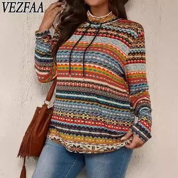 VEZFAA Женская мода повседневная весна осень геометрический принт длинный рукав полуводолазка пуловеры и длинные рукава XL