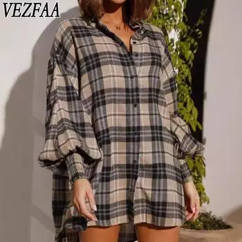 VEZFAA Женская мода повседневная весна осень клетчатый принт длинный рукав воротник поло блузки и рубашки S светло-коричневого