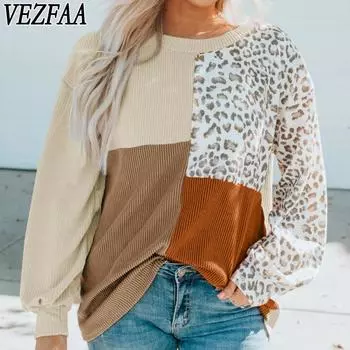 VEZFAA Женская мода повседневная весна осень леопардовый принт длинный рукав О-образный вырез блузки и рубашки S абрикосовый