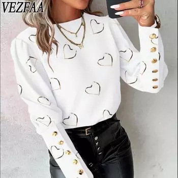 VEZFAA Женская мода Повседневная весна-осень Любовь Принт Длинные рукава О-образный вырез Блузки и рубашки