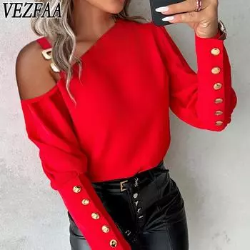 VEZFAA Женская мода Повседневная весна-осень Однотонные принты Длинные рукава Блузки и рубашки