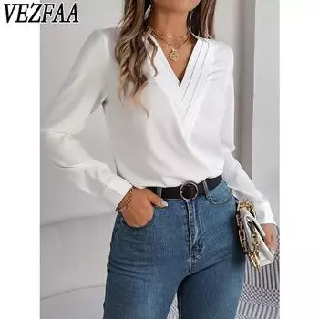 VEZFAA Женская мода Повседневная весна-осень Однотонные принты Длинные рукава V-образный вырез Блузки и рубашки S белый