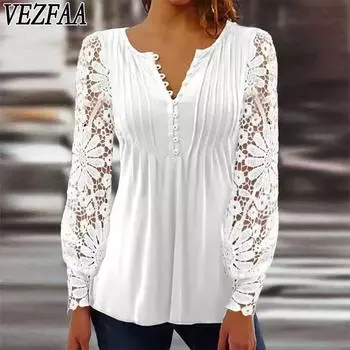 VEZFAA Женская мода Повседневная весна-осень Однотонные принты Длинные рукава V-образный вырез Блузки и рубашки S белый