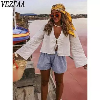 VEZFAA Женская мода Повседневная весна-осень Однотонные принты Длинные рукава V-образный вырез Блузки и рубашки S белый