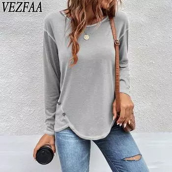 VEZFAA Женская мода Повседневная весна-осень Однотонные принты Длинные рукава О-образный вырез Блузки и рубашки