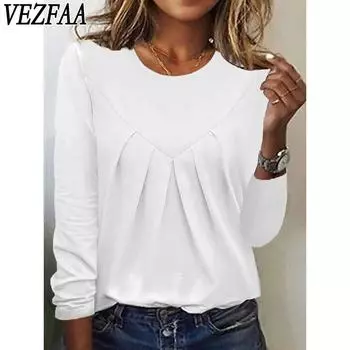 VEZFAA Женская мода Повседневная весна-осень Однотонные принты Длинные рукава О-образный вырез Блузки и рубашки S белый