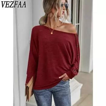 VEZFAA Женская мода Повседневная весна-осень Однотонные принты Длинные рукава О-образный вырез Блузки и рубашки S красный