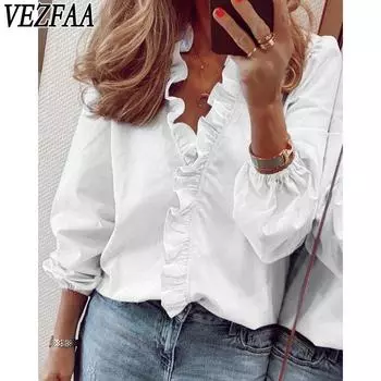 VEZFAA Женская мода Повседневная весна-осень Однотонные принты Длинные рукава V-образный вырез Блузки и рубашки S