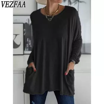 VEZFAA Женская мода Повседневная весна-осень Однотонные принты Длинные рукава О-образный вырез Блузки и рубашки