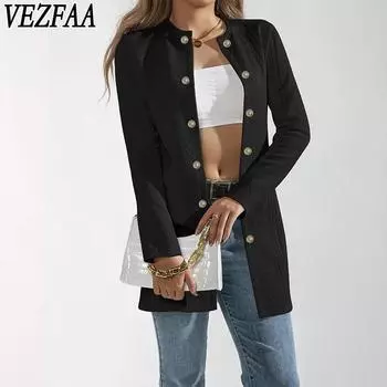 VEZFAA Женская мода Повседневная весна-осень Однотонные принты Длинные рукава О-образный вырез Блузки и рубашки S чёрный