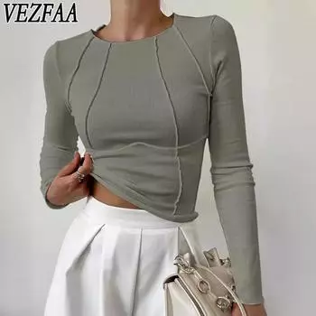 VEZFAA Женская мода Повседневная весна-осень Однотонные принты Длинные рукава О-образный вырез Блузки и рубашки