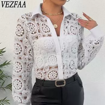 VEZFAA Женская мода Повседневная весна-осень Однотонные кружевные блузки и рубашки с длинным рукавом и V-образным вырезом S белый