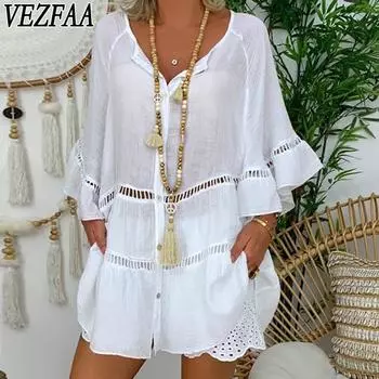 VEZFAA Женская мода Повседневная весна-осень Однотонные принты Рукава 3/4 V-образный вырез Блузки и рубашки S белый