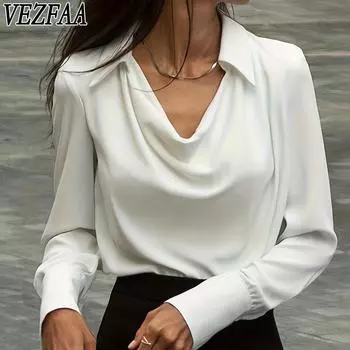 VEZFAA Женская мода Повседневная весна-осень Однотонные принты Длинные рукава Воротник-поло Блузки и рубашки S белый