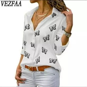 VEZFAA Женская мода Повседневная весна-осень Однотонные принты Длинные рукава Воротник-поло Блузки и рубашки S белый