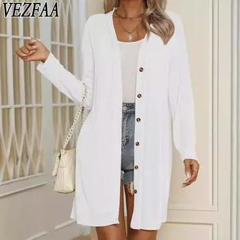 VEZFAA Женская мода Повседневная весна-осень Однотонные кардиганы с длинным рукавом с принтом S серый