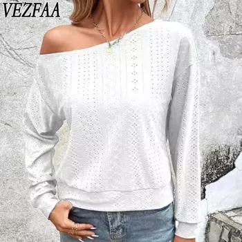 VEZFAA Женская мода Повседневная весна-осень Однотонные принты Длинные рукава Пуловеры и длинные рукава S белый
