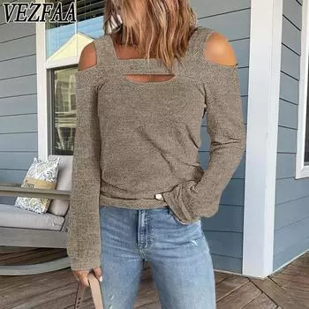 VEZFAA Женская мода Повседневная весна-осень Однотонные принты Длинные рукава Пуловеры и длинные рукава S серый