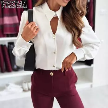 VEZFAA Женская мода Повседневная весна-осень Однотонные принты Длинные рукава Воротник-поло Блузки и рубашки S белый