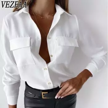 VEZFAA Женская мода повседневная весна-осень однотонные принты с длинным рукавом и воротником-поло блузки и рубашки S белый