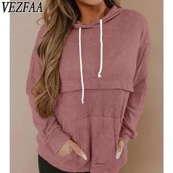 VEZFAA Женская мода Повседневная весна-осень Однотонные принты Длинные рукава Пуловеры и длинные рукава S чёрный