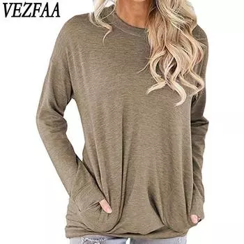 VEZFAA Женская мода Повседневная весна-осень Однотонные принты Длинные рукава О-образный вырез Блузки и рубашки S чёрный