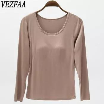 VEZFAA Женская мода Повседневная весна-осень Однотонные принты Длинные рукава О-образный вырез Блузки и рубашки M