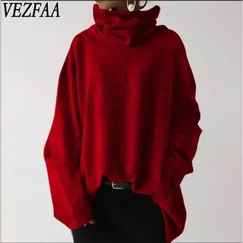 VEZFAA Женская мода повседневная весна осень однотонные принты длинные рукава высокий ворот блузки и рубашки S красный