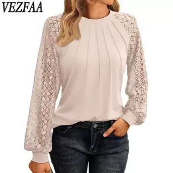 VEZFAA Женская мода Повседневная весна-осень Однотонные принты Длинные рукава О-образный вырез Блузки и рубашки S чёрный