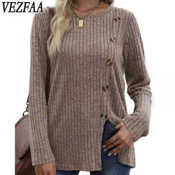 VEZFAA Женская мода Повседневная весна-осень Однотонные принты Длинные рукава О-образный вырез Блузки и рубашки S черный серый