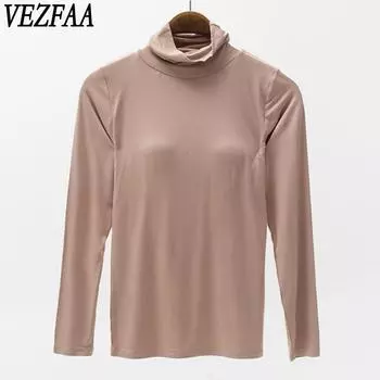 VEZFAA Женская мода повседневная весна осень однотонные принты длинные рукава высокий ворот блузки и рубашки M чёрный