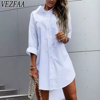 VEZFAA Женская мода Повседневная весна-осень Однотонный принт Длинный рукав Поло воротник блузки и рубашки S белый