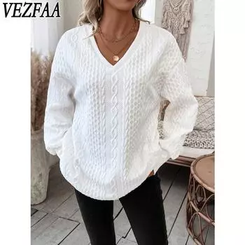 VEZFAA Женская мода Повседневная весна-осень Однотонный принт Длинные рукава V-образный вырез Пуловеры и длинные рукава S белый