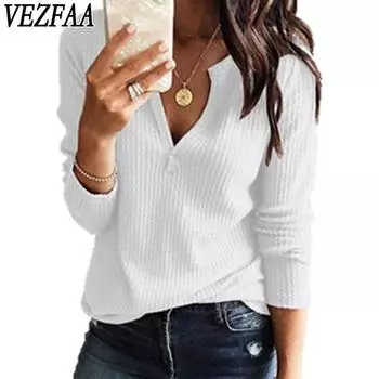 VEZFAA Женская мода Повседневная весна-осень Однотонный принт Длинные рукава V-образный вырез Пуловеры и длинные рукава S белый