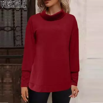 VEZFAA Женская мода Повседневная весна-осень Однотонный принт Длинные рукава Высокий ворот Пуловеры и длинные рукава S бордовый