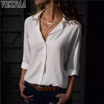 VEZFAA Женская мода Повседневная весна-осень Однотонный принт Длинный рукав Поло воротник блузки и рубашки S белый