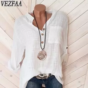 VEZFAA Женская мода Повседневная весна-осень Однотонный принт Длинный рукав Поло воротник блузки и рубашки S
