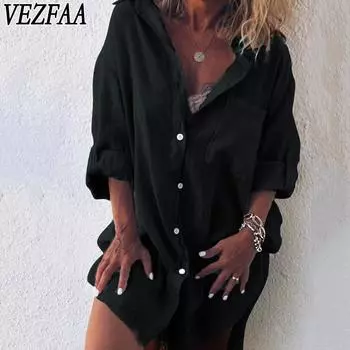 VEZFAA Женская мода Повседневная весна-осень Однотонный принт Длинный рукав Поло воротник блузки и рубашки S чёрный