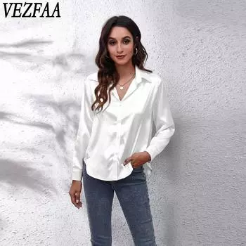 VEZFAA Женская мода Повседневная весна-осень Однотонный принт Длинный рукав Поло воротник блузки и рубашки S белый