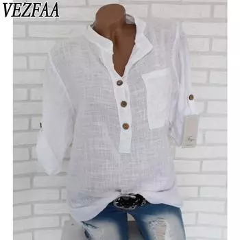VEZFAA Женская мода Повседневная весна-осень Однотонный принт Длинный рукав Поло воротник блузки и рубашки S белый