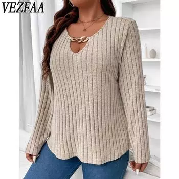 VEZFAA Женская мода Повседневная весна-осень Однотонный принт Длинные рукава V-образный вырез Пуловеры и длинные рукава XL чёрный