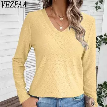 VEZFAA Женская мода Повседневная весна-осень Однотонный принт Длинные рукава V-образный вырез Пуловеры и длинные рукава S жёлтый