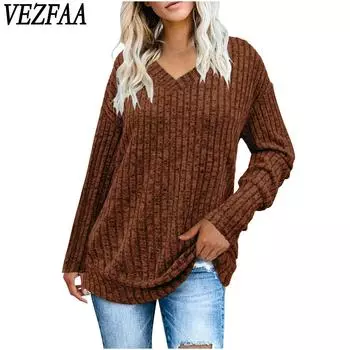VEZFAA Женская мода Повседневная весна-осень Однотонный принт Длинные рукава V-образный вырез Пуловеры и длинные рукава S
