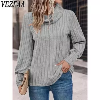 VEZFAA Женская мода Повседневная весна-осень Однотонный принт Длинные рукава Высокий ворот Пуловеры и длинные рукава S бордовый