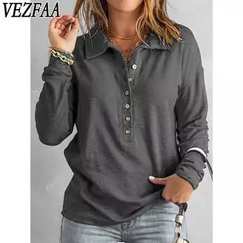 VEZFAA Женская мода Повседневная весна-осень Однотонный принт Длинный рукав Поло воротник блузки и рубашки S серый