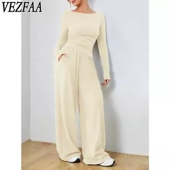 VEZFAA Женская мода повседневная весна осень однотонный принт длинный рукав О-образный вырез брюки брюки костюмы S чёрный