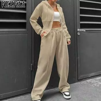 VEZFAA Женская мода повседневная весна осень однотонный принт длинный рукав с капюшоном брюки брюки костюмы S светло-серый