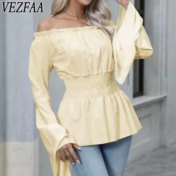 VEZFAA Женская мода повседневная весна осень однотонный принт длинный рукав одно плечо блузки и рубашки S светло-желтого